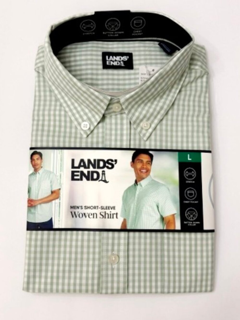 Lands' End Men's Short Sleeve Woven Button Shirt Green Gingham Check Size L
